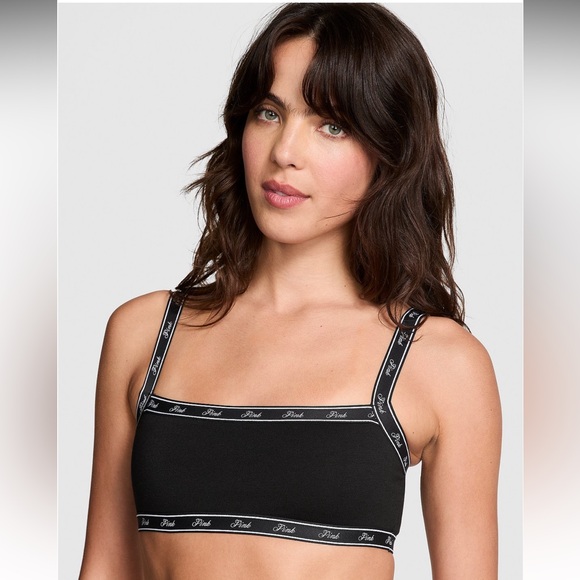 NWT PINK Victoria’s Secret Logo Cotton Straight Neck Bralette. Pure Black. XL - Picture 1 of 12